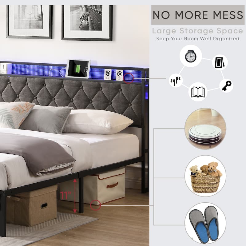 King Upholstered Bed Frame with Storage Headboard, Charging Station and LED Lights