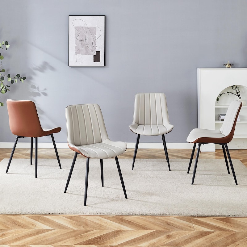 Extended Seat Cushion PU Dining Chair Set of 4 Ergonomic Design Lntegral Metal Leg Structure - Black+Brown+Gray