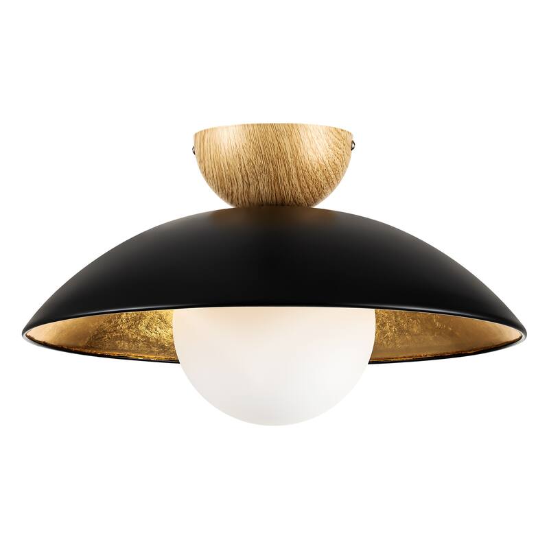 14.5 in. 1-Light Black/White Finish Wood Gold Leaf Dome Semi-Flush Mount Light with Opal Glass Globe