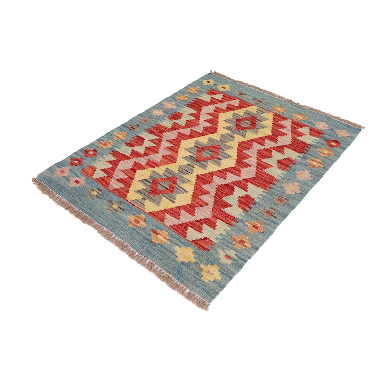 Retro Turkish Kilim Kelvin Red Blue Hand-Woven Wool Rug - 2'2'' x 2'5''