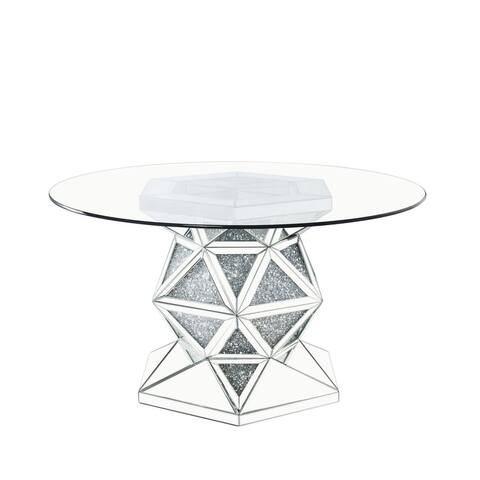 Round Dining Table with Faux Crystals Inlay and Pedestal Base, Silver