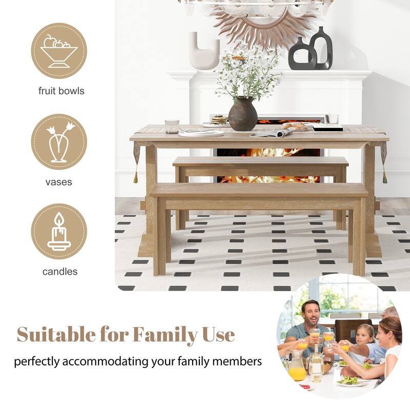 3-Piece Retro Dining Set, Rectangular Trestle Table and 2 Wood Benches, Vintage Dining Set for Dining Room or Kitchen