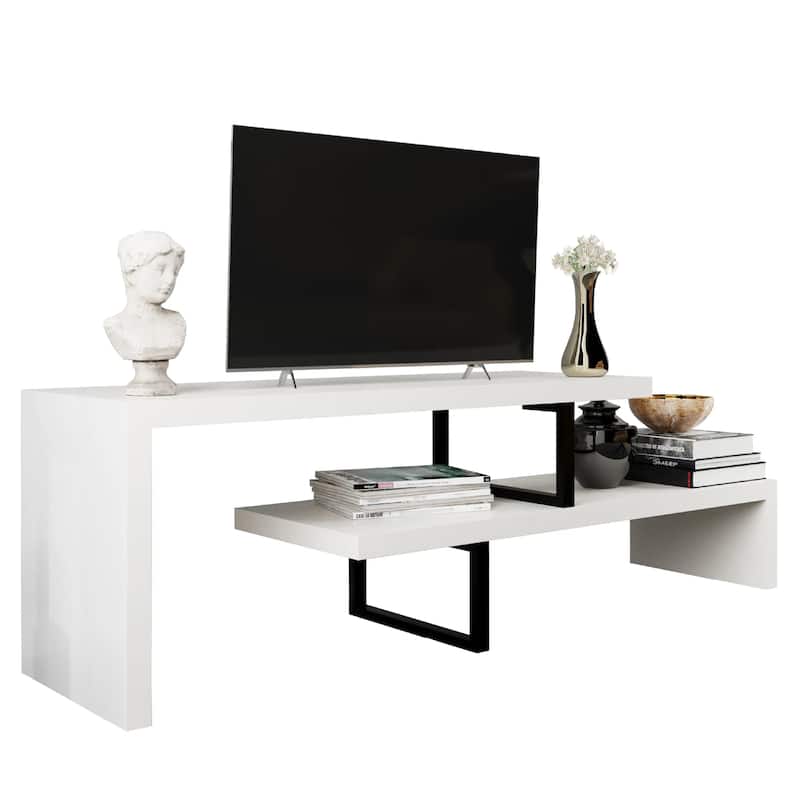 Orford Minimalist Modern MDF Wooden Shelves TV Console Entertainment Stand with Iron Legs Low Maintenance - White