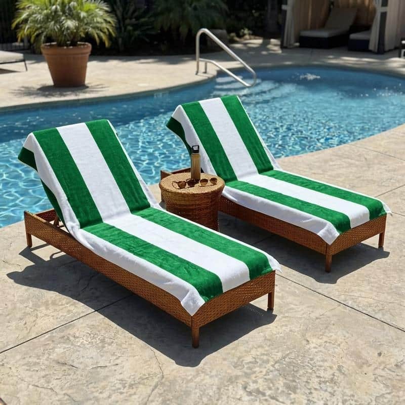 100% Cotton Cabana‑Stripe Lounge Chair Cover Terry Towel with Fitted Pocket & Back Flap Set of 2 - Green
