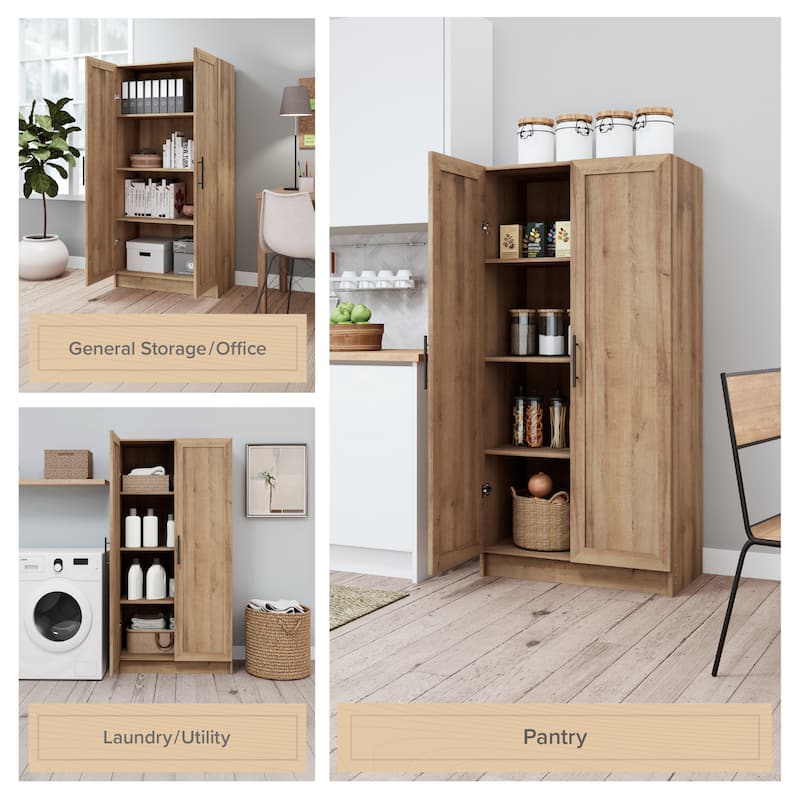 Prepac Elite 65" Tall Oak Accent Kitchen Pantry Cabinet, Craft or Bathroom Storage Cabinet, Buffet Storage with Panel Doors