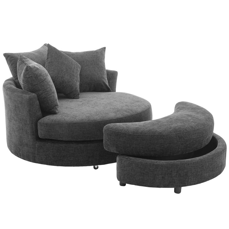 Roomfitters Modern 360° Swivel Barrel Chair with Hidden Storage Ottoman, Chenille Upholstery and Four Pillows