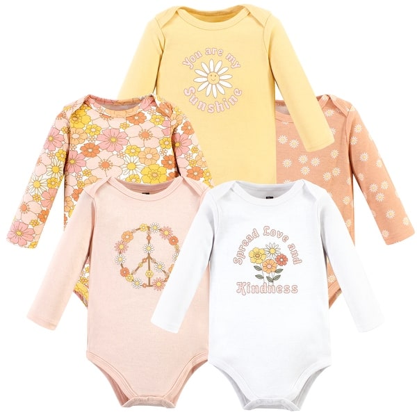 slide 1 of 1, Hudson Baby Infant Girl Cotton Long-Sleeve Bodysuits, Peace Love Flowers 5 Pack Newborn - Peace Love Flowers 5 Pack
