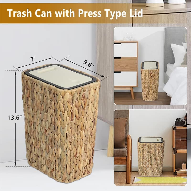 2.6Gallon Small Rattan Garbage Can with Press Top Lid