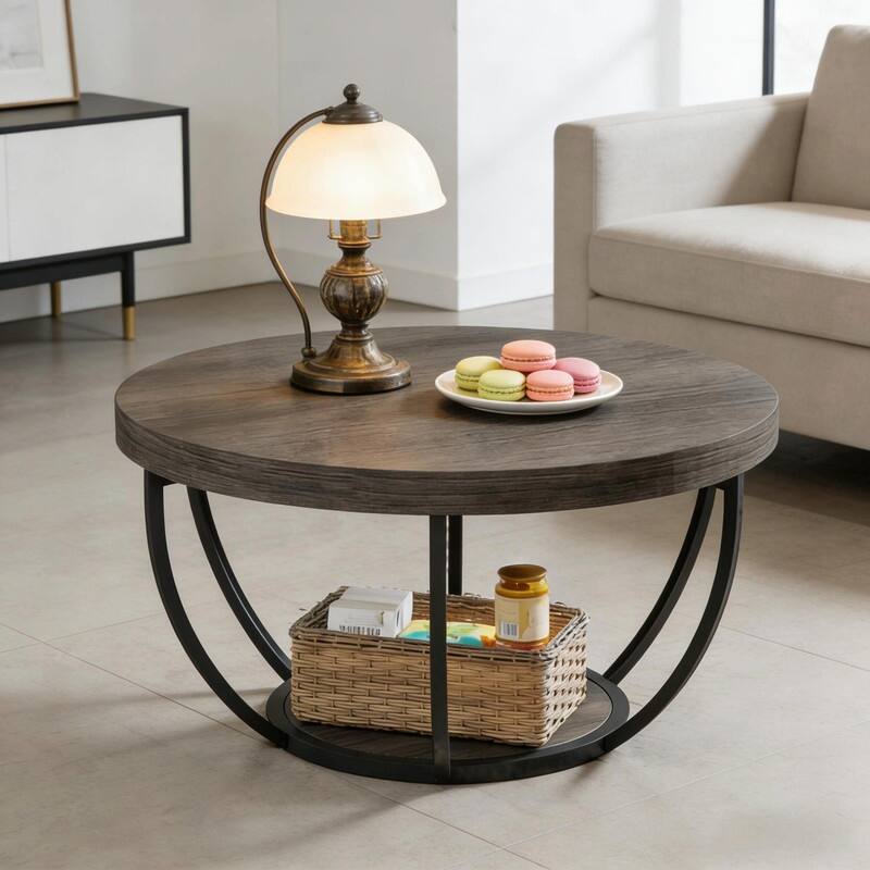 Round 2-Tier Wood Coffee Table with Metal Base for Living Room