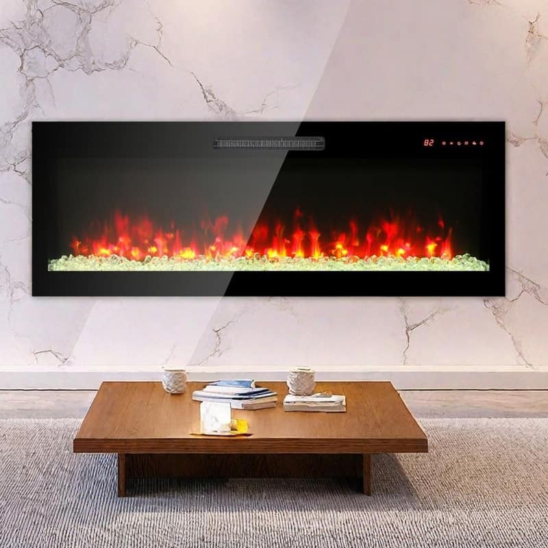 41.3/50/60 in. Wall Mount Recessed Electric Fireplaces in Black, Tempered Glass, Flame Effect, Multi-Color, Remote,1400–1500W
