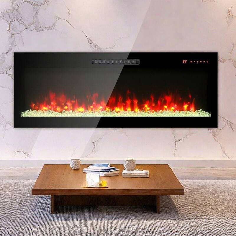41.3/50/60 in. Wall Mount Recessed Electric Fireplaces in Black, Tempered Glass, Flame Effect, Multi-Color, Remote,1400-1500W