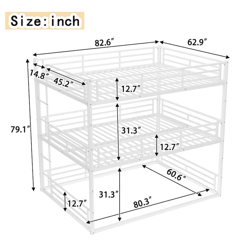 Queen over Queen over Queen Bunk Bed, Metal Triple Bunk Bed with Safety Guardrails, Bunk Bed with Noise-reduced Design