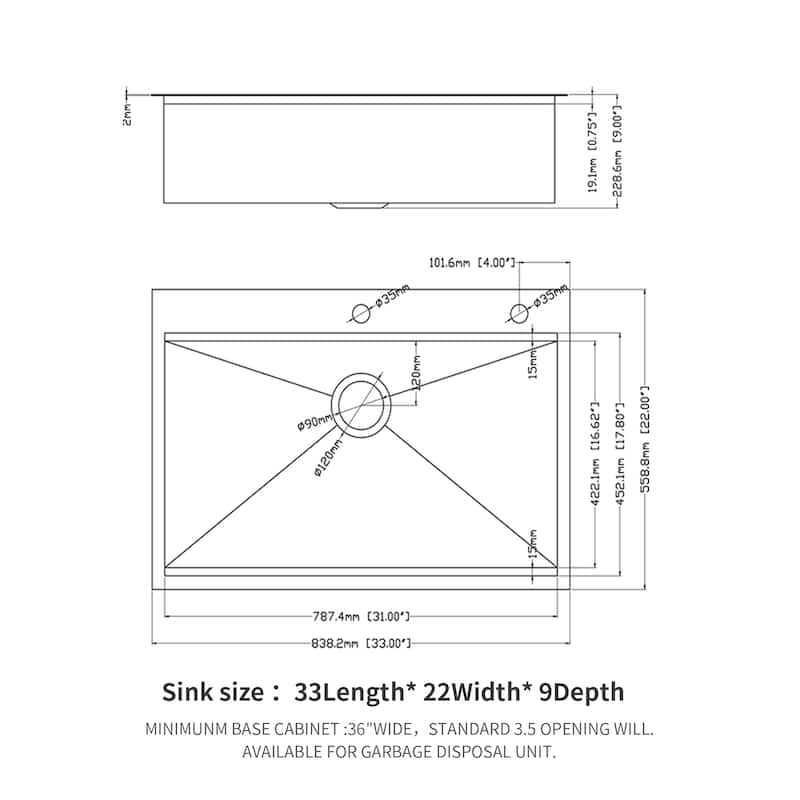 33'' Drop-In 16 Gauge Single Bowl Stainless Steel Kitchen Sink in Brushed Nickel - 33'' x 22'' x 9''