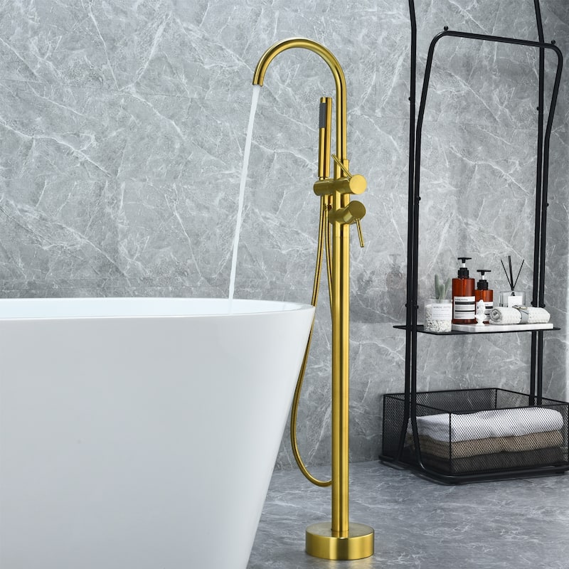 Altair Assens Double Lever Handle Freestanding Floor Mounted Tub Filler with Handshower - Brushed Gold