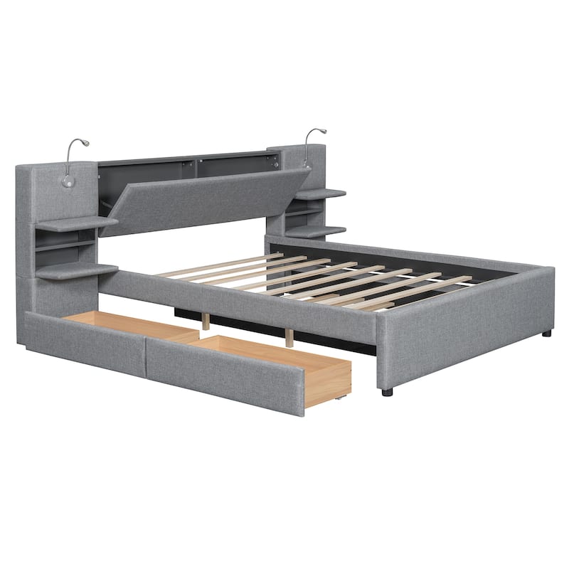 Queen Size Upholstered Platform Bed with Drawers Trundle Flip-up Storage Headboard Side Storage Racks Reading Lights Linen