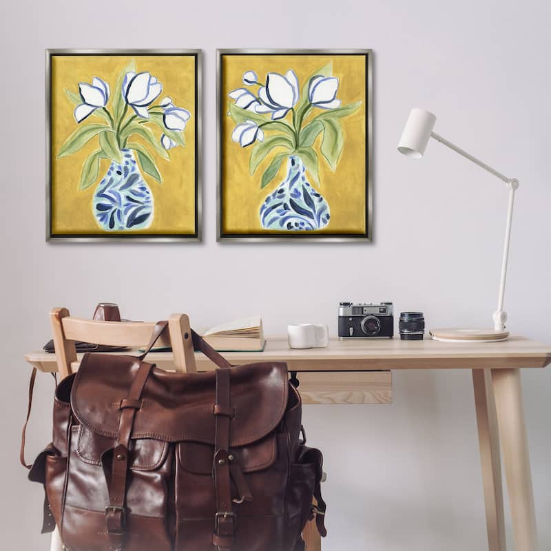 Stupell Tulip Vases on Yellow Framed Floater Canvas Wall Art Design By June Erica Vess (Set of 2)
