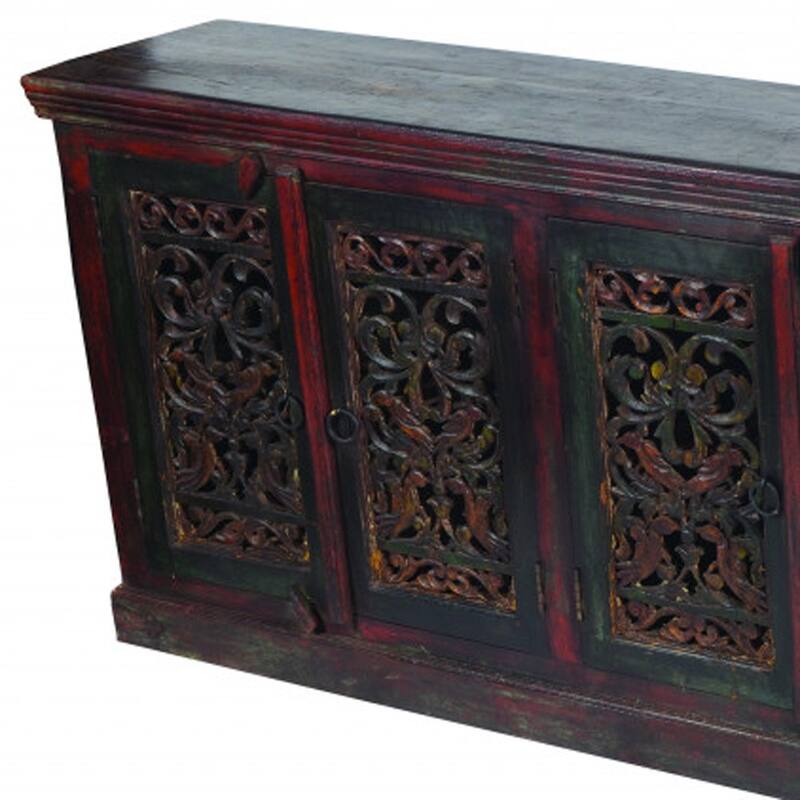 HomeRoots 101" Brown and Green Solid Wood Buffet Table with Six Doors - 101.00 in. x 36.00 in. x 16.00 in.