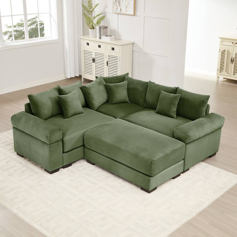 3-Seat Convertible Cloud Corduroy Modular Sofa with 10 Throw Pillows - Green-with 1 Ottoman