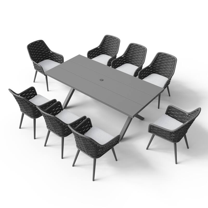 Outdoor Patio Dining Sets with Handwoven Rope Chairs and X-leg Aluminum Dining Table for 8 Persons