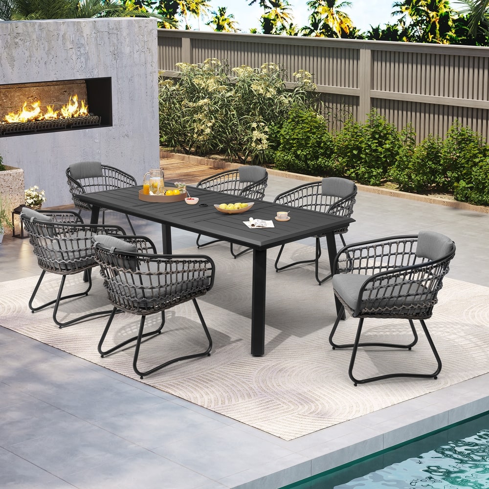 7PC Outdoor Aluminum Dining Table with Umbrella Hole with Rattan Chair