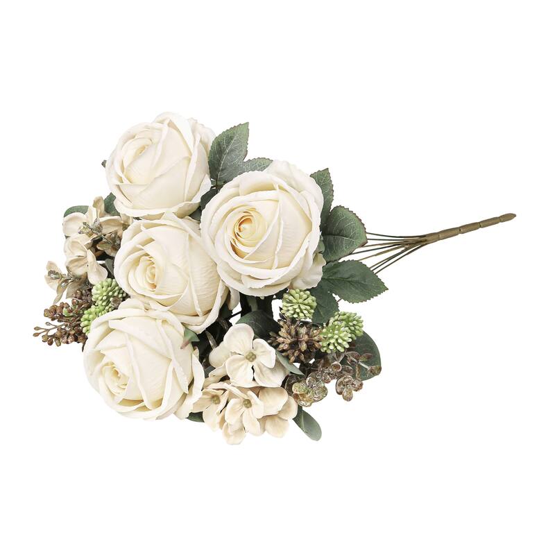 Set of 2 Cream Ivory Artificial Mixed Rose Hydrangea Berry Flower Stem Bush Bouquet 19in - 19" L x 10" W x 10" DP