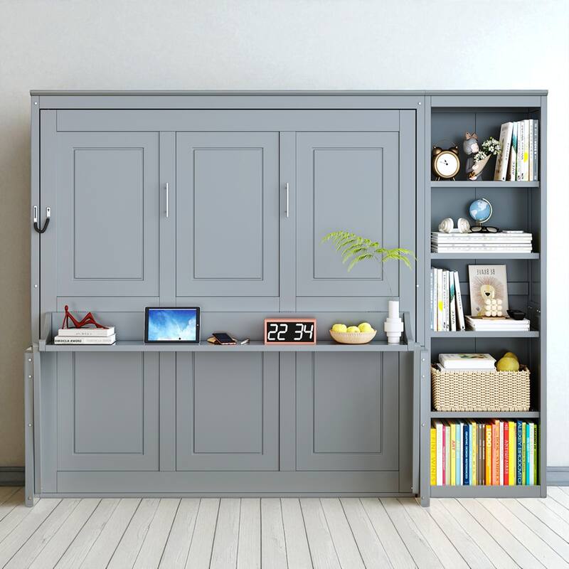 Full/Queen Murphy Bed with Foldable Desk and Storage Shelves, Wall Bed with Bookshelf and Cabinet Design