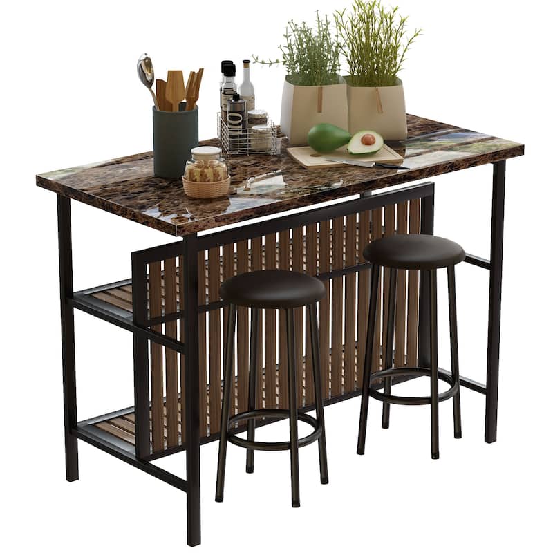 Grondin Mid-Century Modern 3-Piece Faux Marble Top Kitchen Island Set with 2 Stools and Shelves