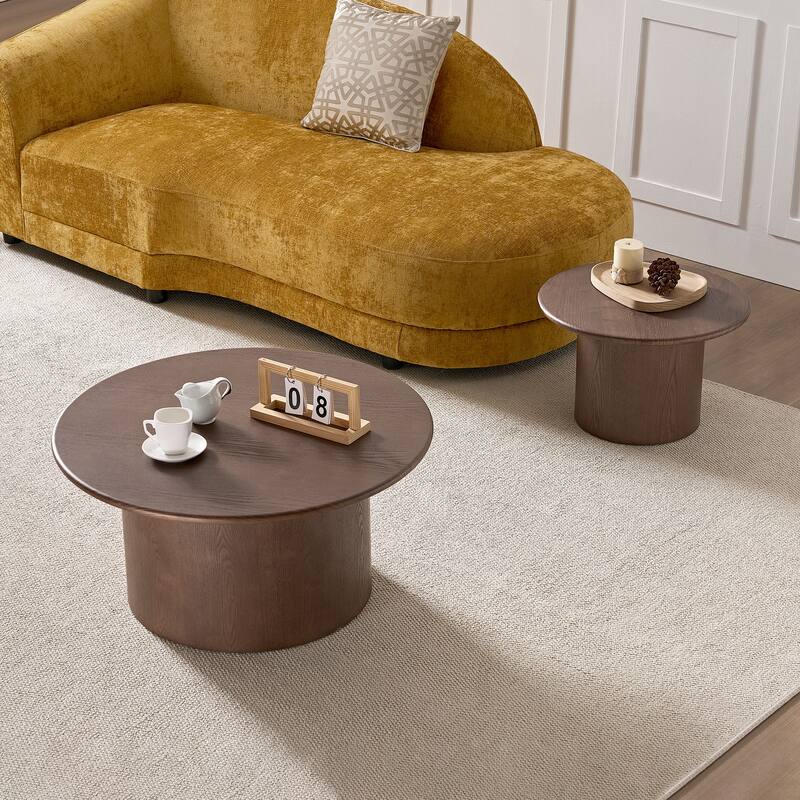 Round Nesting Coffee Tables Set of 2, Modern Center Table with Wood Grain Finish, End Table Side Tables for Living Room
