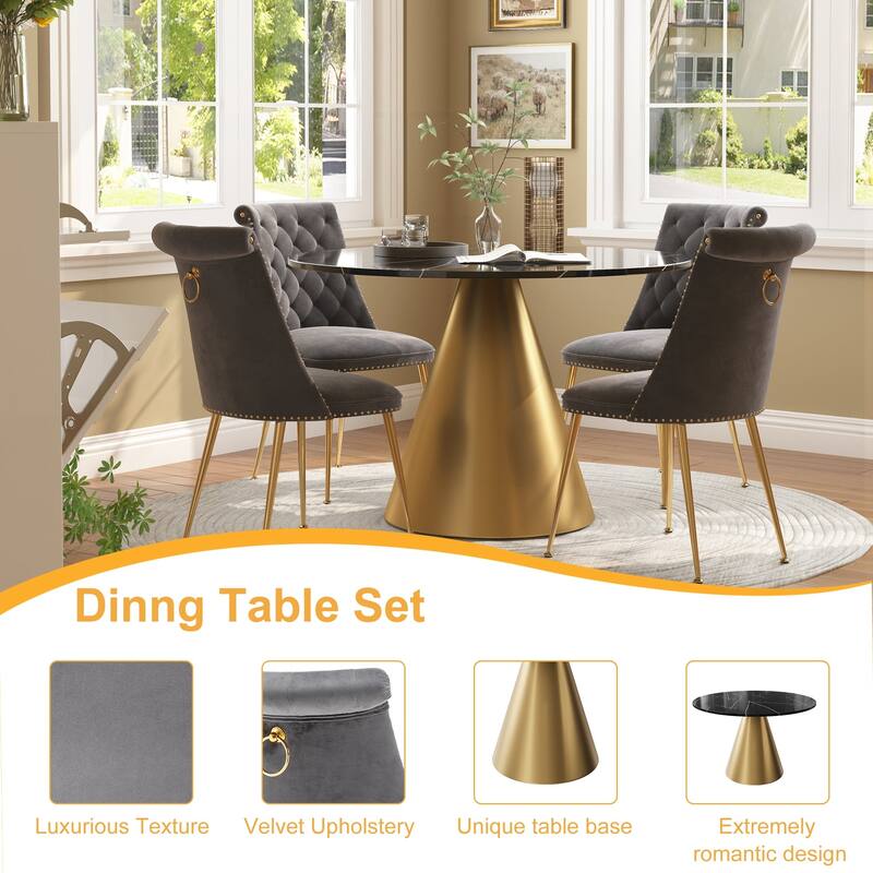 48" Marble Top Metal Dining Table with Velvet Dining Chair Set
