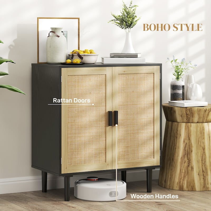31.5" Double-Tier Rattan Sideboard Cabinet with Magnetic Doors for Living Room Storage - 31.5" W x 15.7" D x 34.6" H