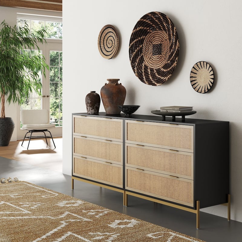 Andrew 3-Drawer Rattan Dresser or Bohemian Living Room Storage Cabinet with Natural Rattan Accent and Metal Legs