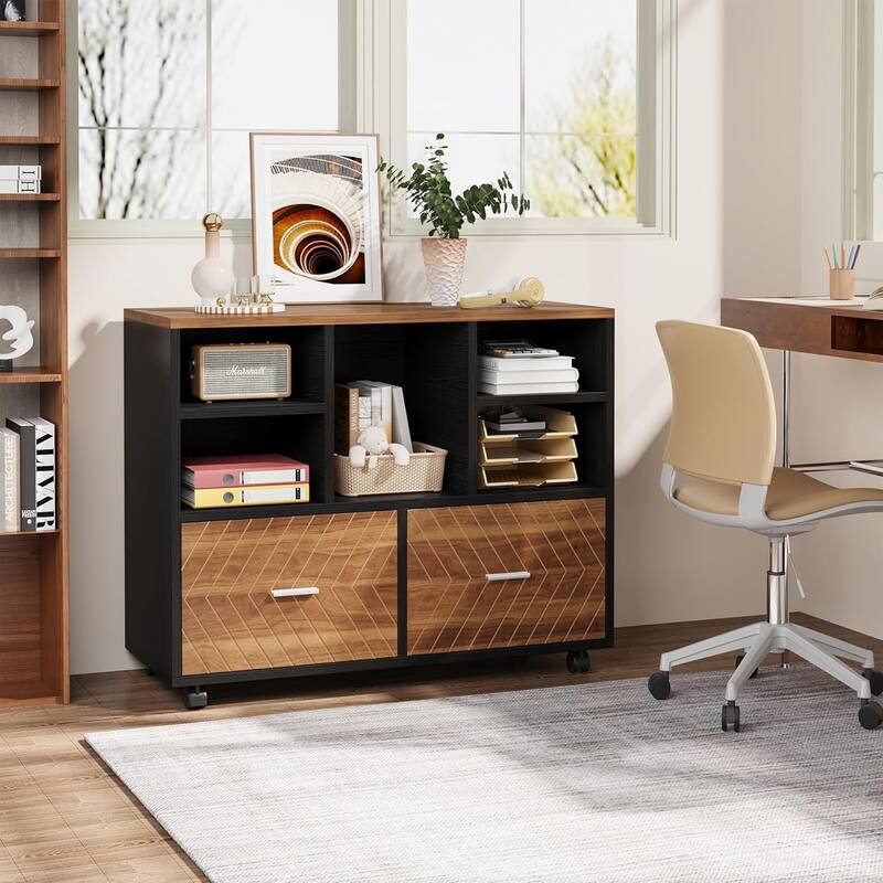 2-Drawer Wood Mobile File Cabinet Holds Letter Size Files with Shelves, Home Office Printer Stand