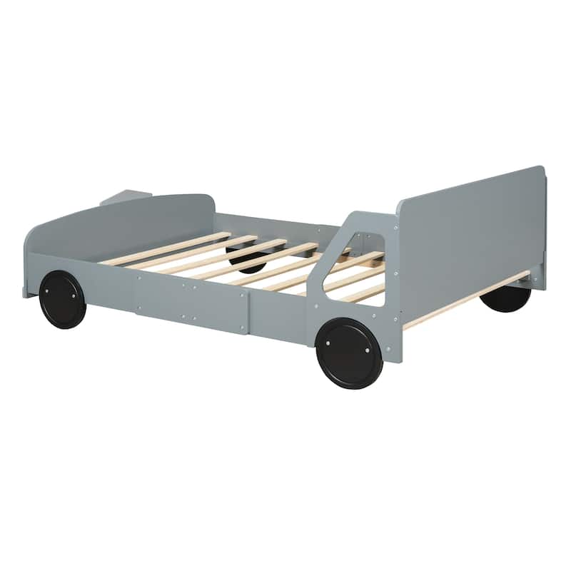 Children's Full Size Platform Bed, Car-Shaped Wooden Bed with Wheels