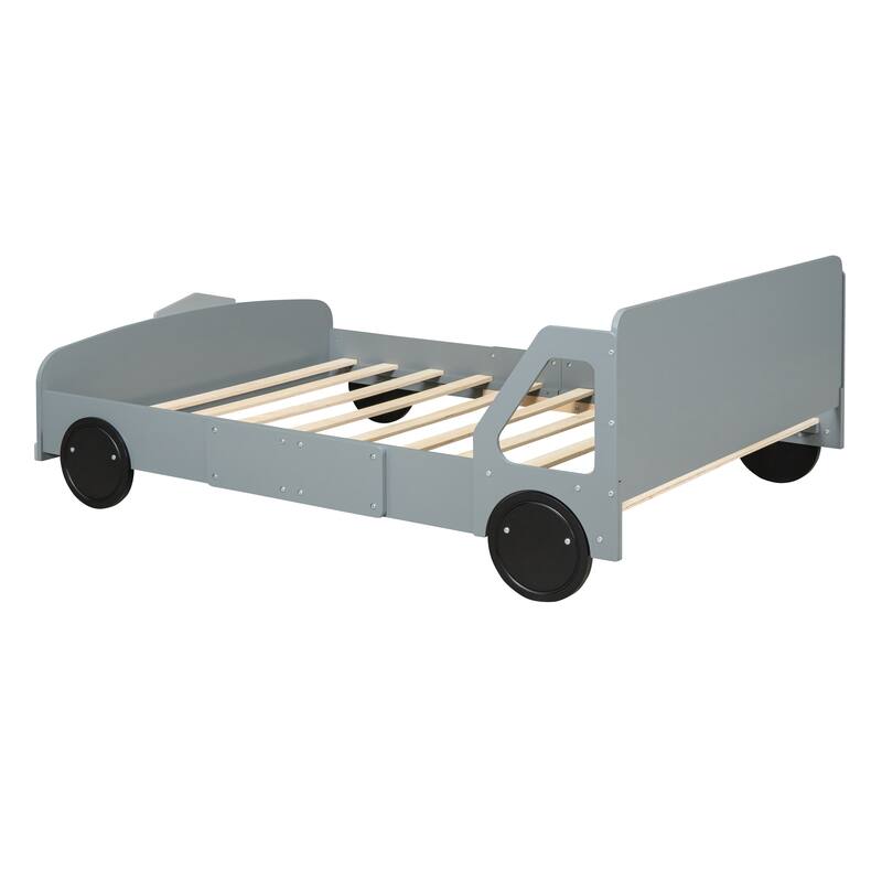 Full Size Car-Shaped Platform Bed with Wheels in Gray, Sturdy and Stylish Design