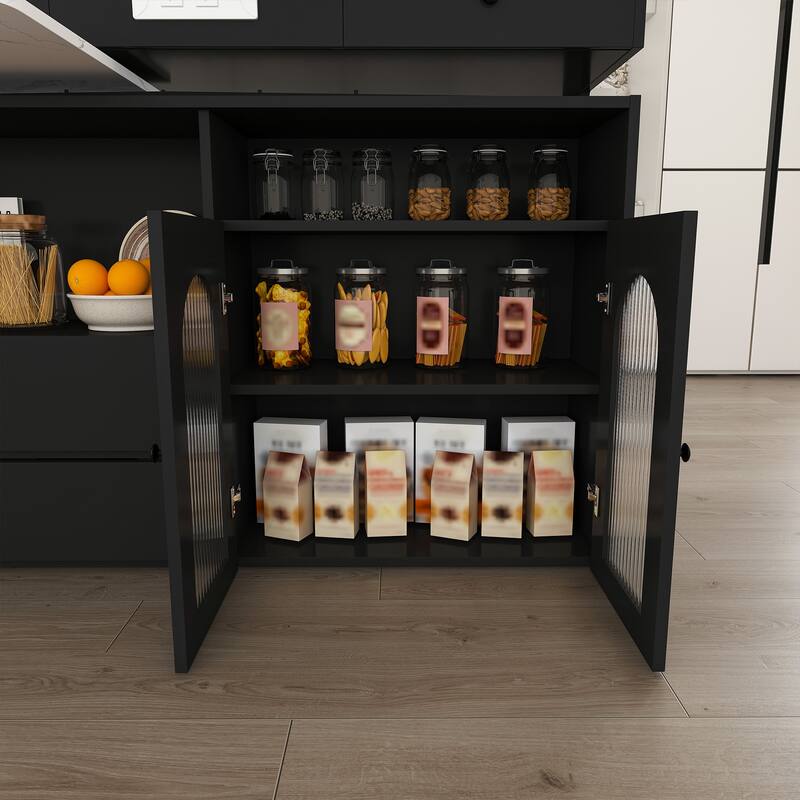 Kitchen Island with Extendable Rotating Table, 4 Drawers, Glass Doors & Built-in Socket