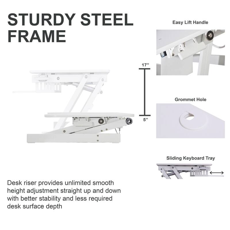 Rocelco 37.5 in. W White Height Adjustable Standing Desk Converter with Dual Monitor Mount and Anti Fatigue Mat Tray