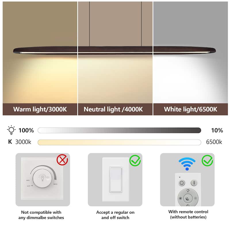 39" Streamline Wooden LED Pendant Light with Remote Control, Adjustable Hanging Light