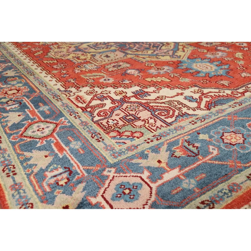 Geometric Heriz Serapi Indian Rug Hand-Knotted Orange Wool Carpet - 7'10"x 9'9"