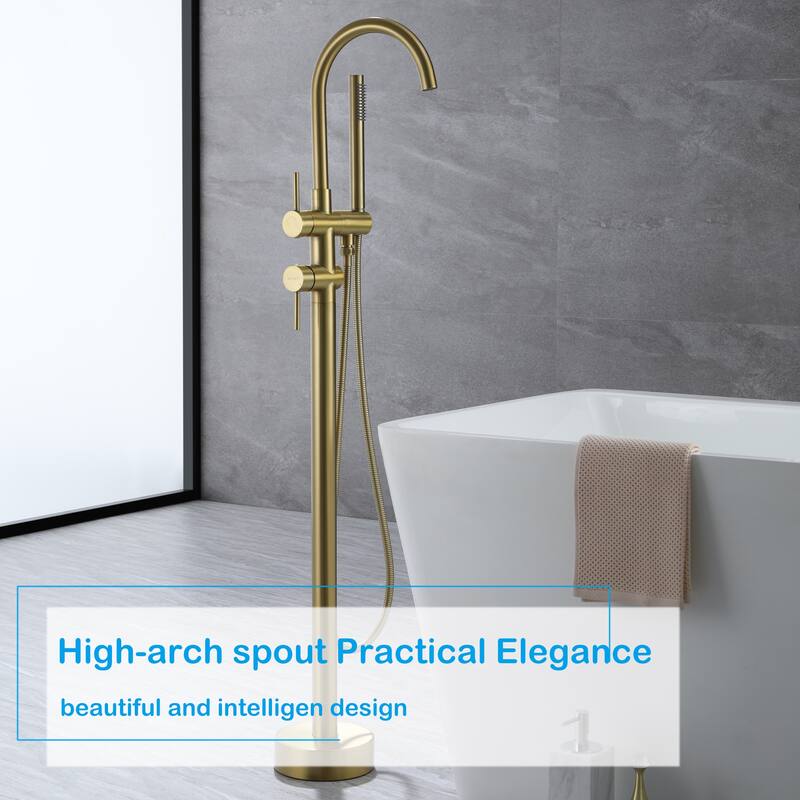 45''H White / Gold Freestanding Bathtub Faucet with Handheld Sprayer - Brushed Gold
