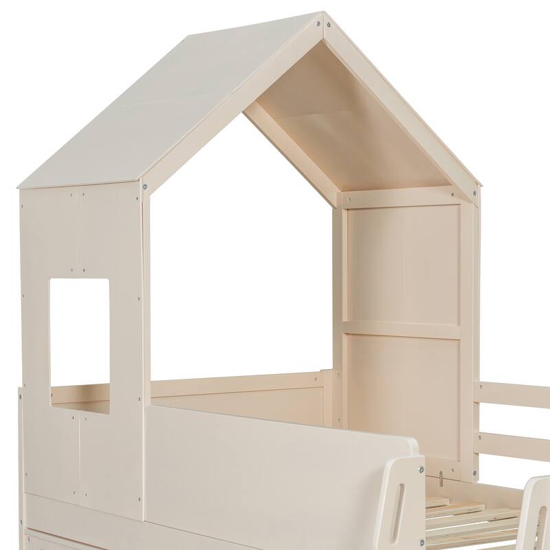 Twin Wood Loft Bed with Desk, Drawers & Cabinets, Space-Saving Design