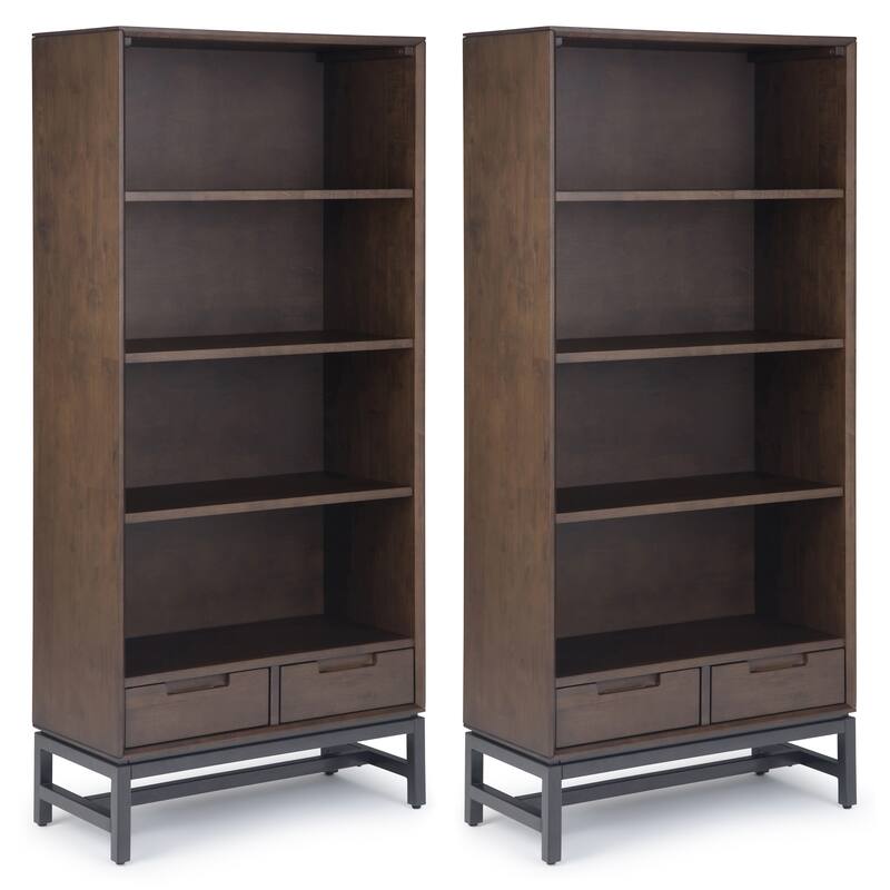 Simpli Home Banting 30 inch Solid Wood 4 Shelf Bookcase in Walnut Brown (Set of 2) -  30"W x 14"D x 66"H
