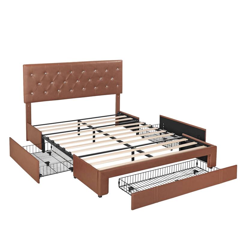 VECELO Bed Frame with Storage Drawers Leather Upholstered with Diamond Tufted Headboard Solid Wood Slat Support - Brown - Full