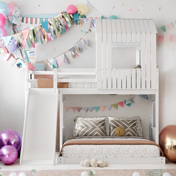 slide 2 of 17, Playhouse-inspired Style Twin Over Full Wooden Bunk Bed,Loft Bed with Playhouse,Farmhouse, Ladder, Slide and Guardrails White