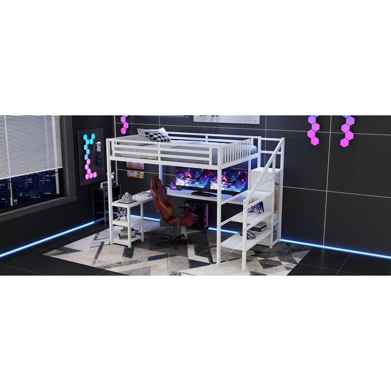 Roomfitters Queen Metal Loft Platform Bed, L-Shaped Desk and LED Wardrobe with Metal Frame for Bedroom or Guest Room, White