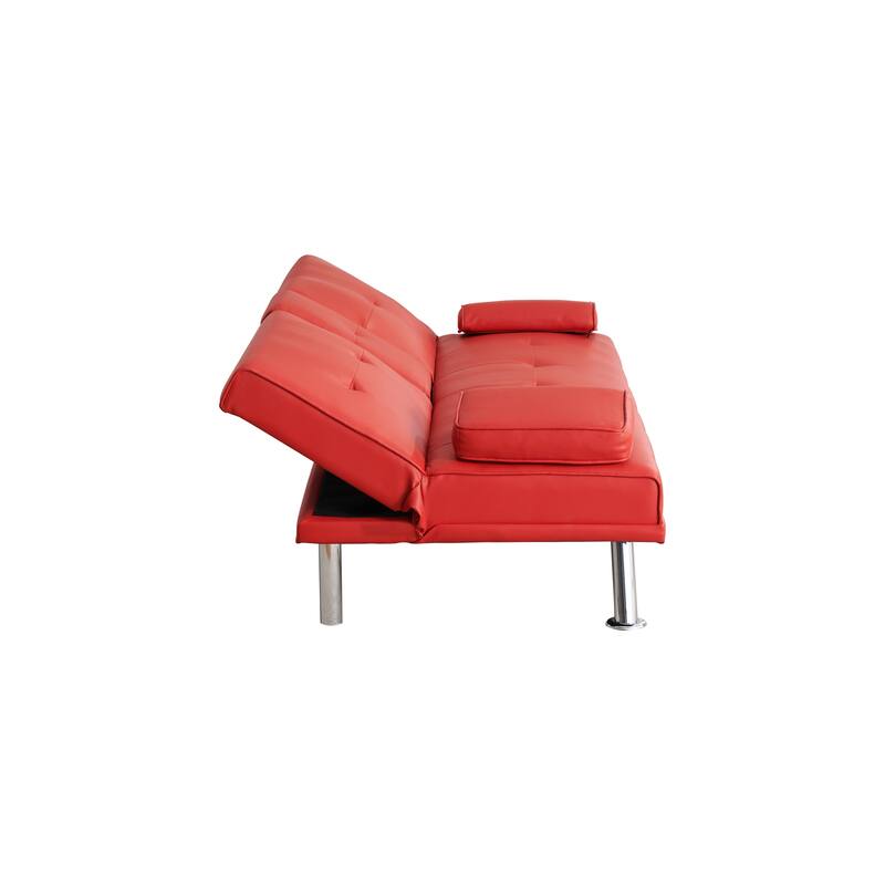 Roomfitters 67-Inch Red Faux Leather Convertible Futon Sofa Bed, Modern Sleeper Couch with Cup Holders for Small Spaces