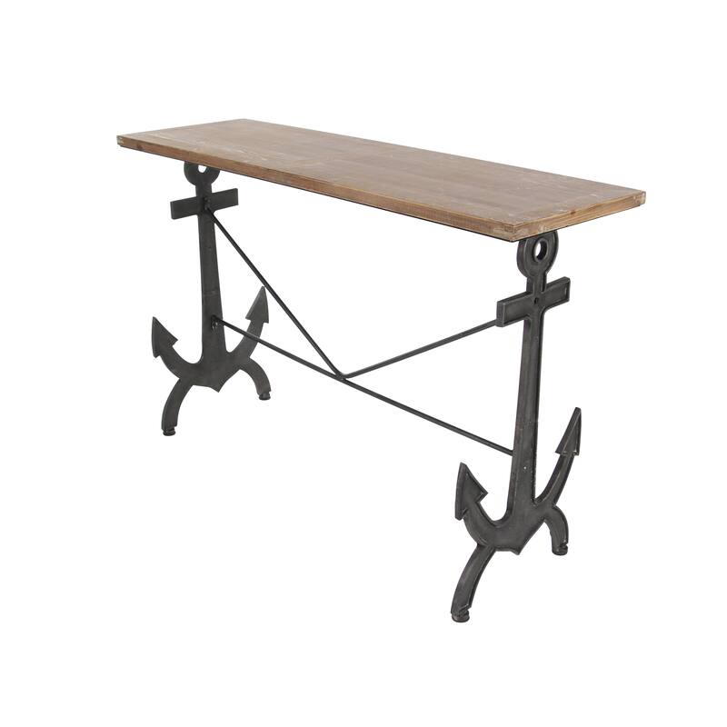 Metal Anchor Rectangular Console Table with Brown Wood Top - Black - Roche River Decor - 15"W x 48"L x 31"H