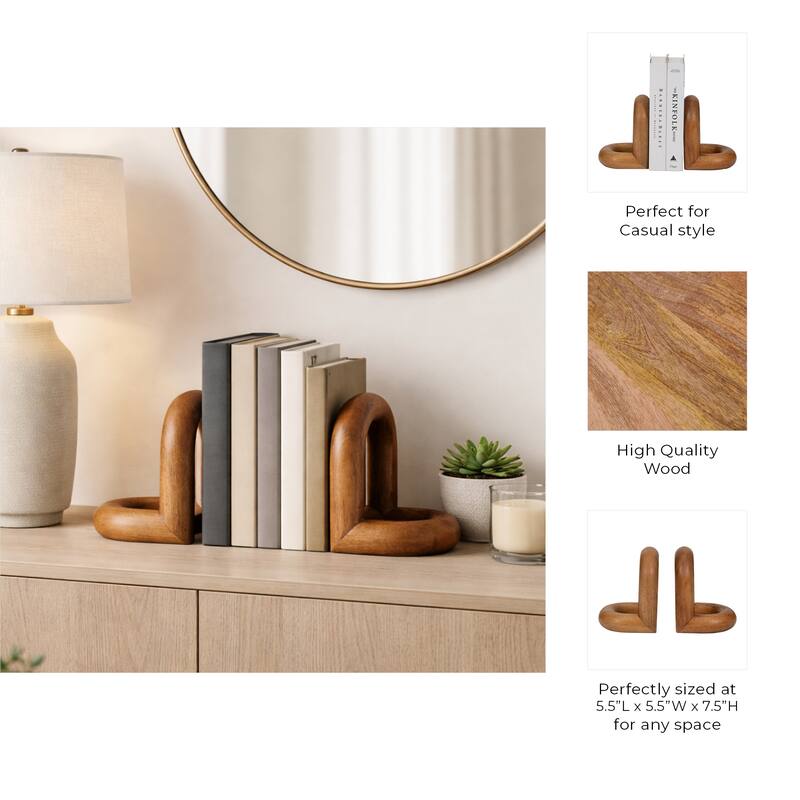 Looped Wooden Book Ends for Desk and Home Decor - Set of 2, 7" - 7.25"