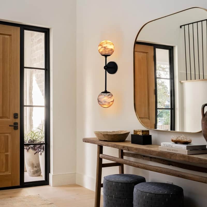 KAYLA Anjely Modern 25" Alabaster Wall Sconce, 1-Light Dimmable Wall Light with Brass Base, G9 LED Bulbs Included