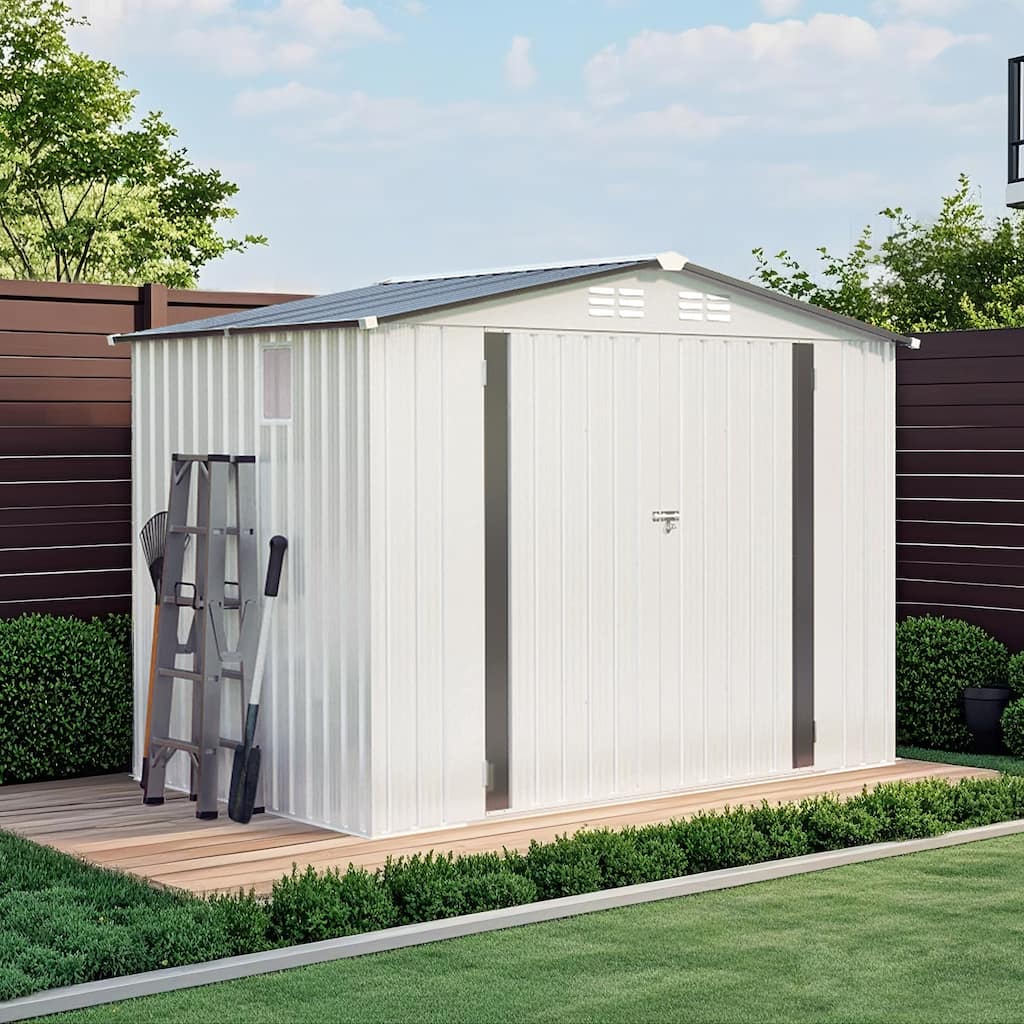 8X6 FT Metal Outdoor Storage Shed, Tool Shed with Pitched Roof Waterproof with Side Window and Lockable Door, Metal Tool Shed