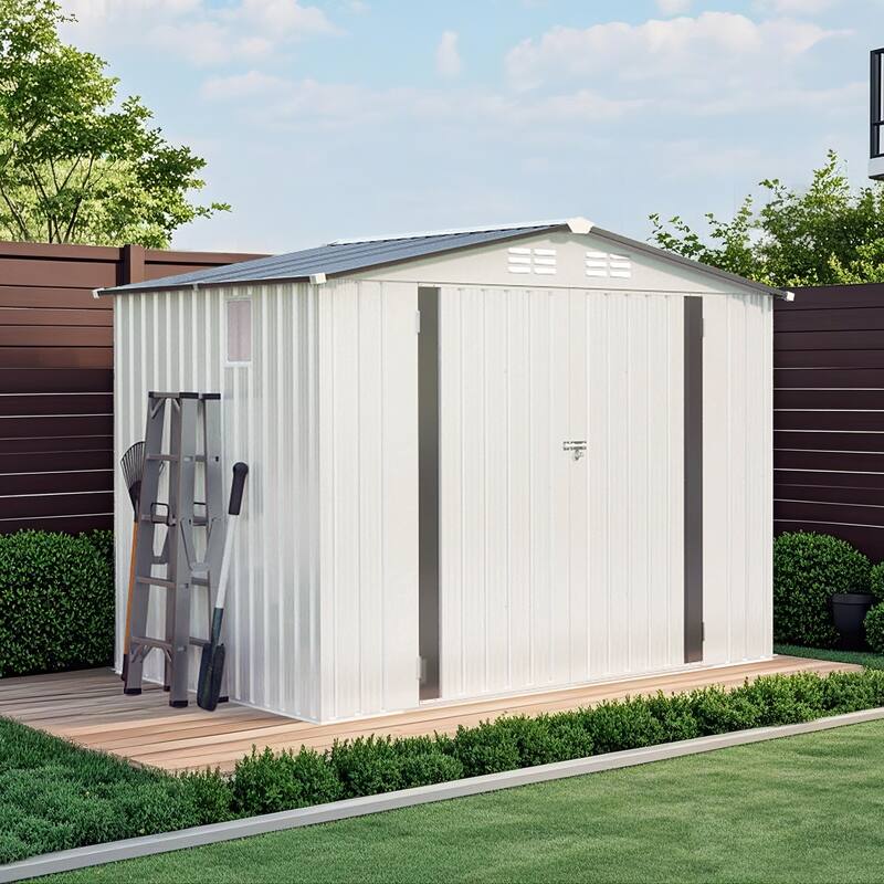 8X6 FT Metal Outdoor Storage Shed, Tool Shed with Pitched Roof Waterproof with Side Window and Lockable Door - White+gray